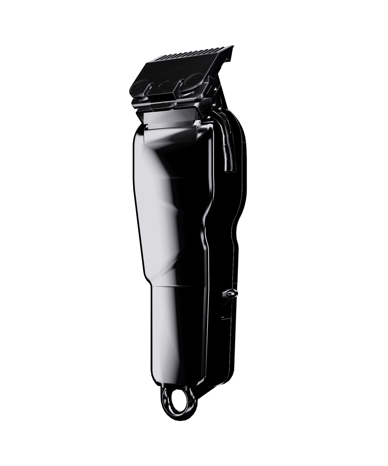 Chrome hair clipper standing upright, blade pointing up